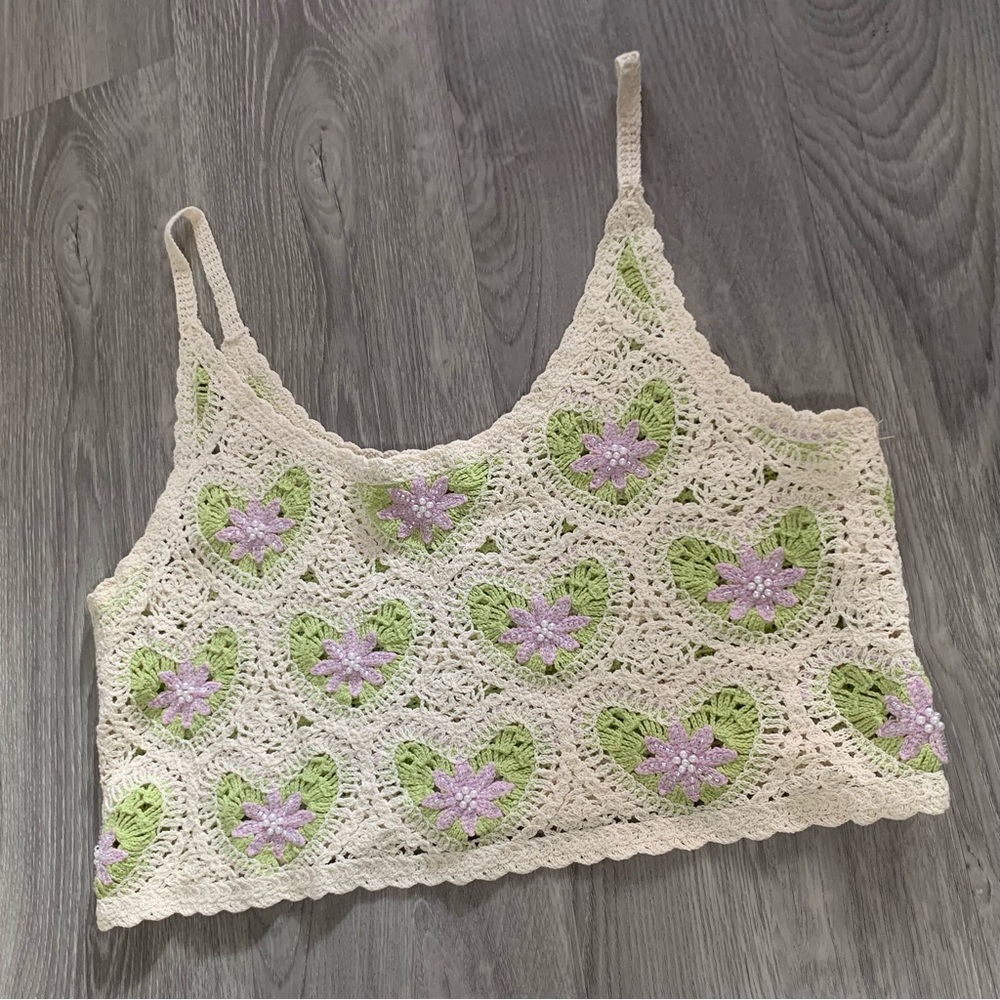 Avec Les Filles Cream Cropped Crochet Heart Tank Top Size M/L #bohemian #boho